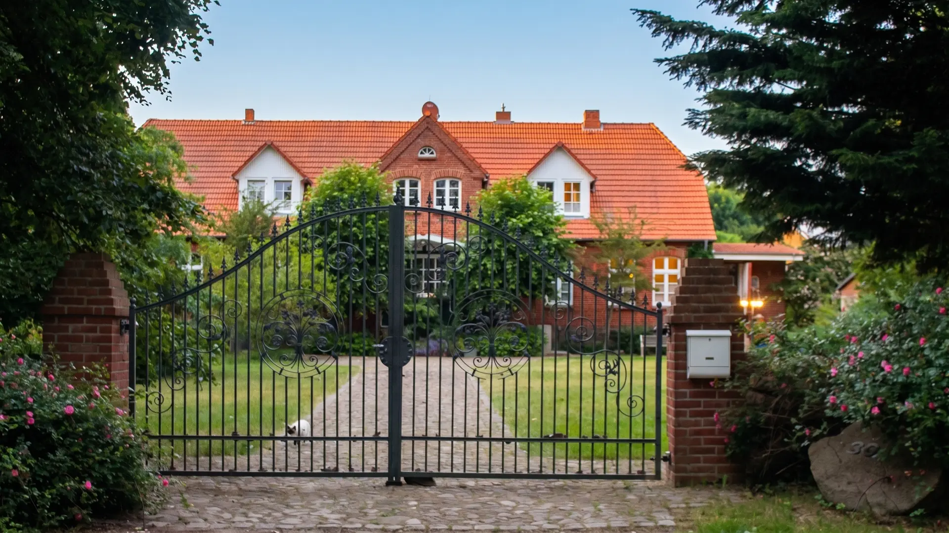 Historic wrought-iron gate with the main house beyond